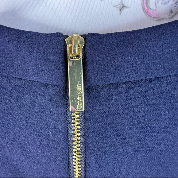 Calvin Klein dress ribbon bow tie up neck detail gold zipper Navy Midi Dress - Picture 9 of 13